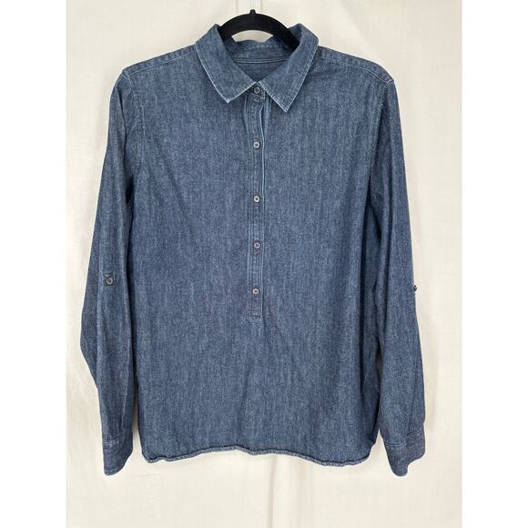 Talbots Top Womens Large Blue Dark Denim Popover Button Cotton Classic - Picture 1 of 6